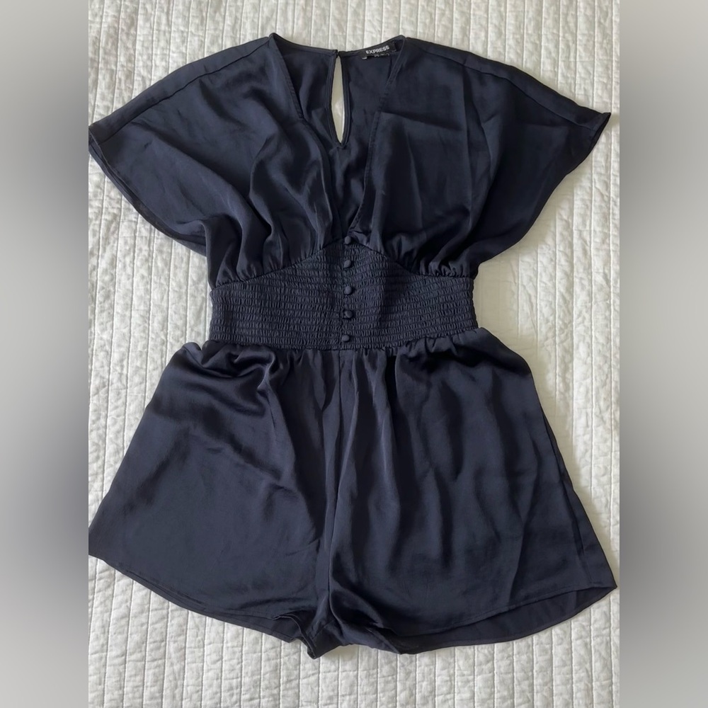 Express Black Short-Sleeve Smocked-Waist Romper